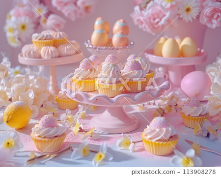 A table brimming with delectable cupcakes, each one adorned with an array of colorful and tantalizing frostings. 113908278