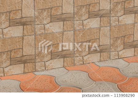 Brown Stone Tile Abstract Pattern Wall Building Facade Exterior Floor Line View Architecture Object 113908290