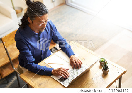 Elderly man using a laptop 113908312
