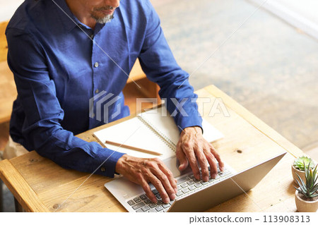 Hands of an elderly man using a laptop 113908313