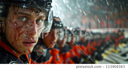 A group of hockey players, clad in their gear, stand together in solidarity, ready for action on the ice, showcasing strength and unity. 113908363