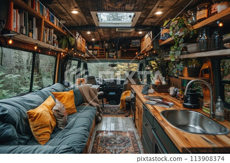 A living area inside a van complete with a comfortable couch and a convenient sink. 113908374