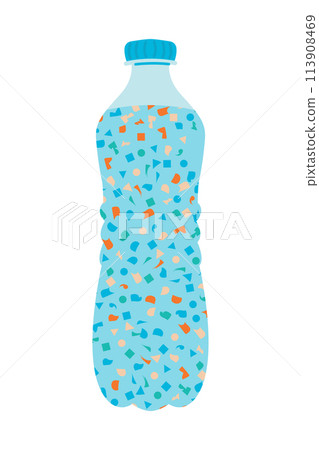 Micro plastic pollution concept. Microplastic in water. Environmental pollution by toxic waste. Toxic pieces in water bottle. Vector illustration isolated on white background. 113908469