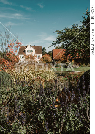 House with nice garden in fall. Flowers in the City Park of Bietigheim-Bissingen, Baden-Wuerttemberg, Germany, Europe. Autumn Park and house, nobody, bush and grenery House with nice garden in fall. Flowers in the City Park of Bietigheim-Bissingen, Baden-Wuerttemberg, Germany, Europe. Autumn Park and house, nobody, bush and grenery 113908573