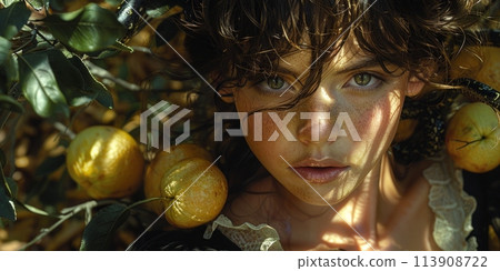 A young girl with freckled hair is surrounded by a bountiful display of vibrant fruit, evoking a scene of temptation and abundance. A young girl with freckled hair is surrounded by a bountiful display of vibrant fruit, evoking a scene of temptation and abundance. 113908722