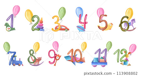 Numbers from 1 to 12 with kid wood toys and colors balloons. Wooden transport, tower, animal decorated balloon and number. Watercolor illustration for design of children party, greetings Numbers from 1 to 12 with kid wood toys and colors balloons. Wooden transport, tower, animal decorated balloon and number. Watercolor illustration for design of children party, greetings 113908802