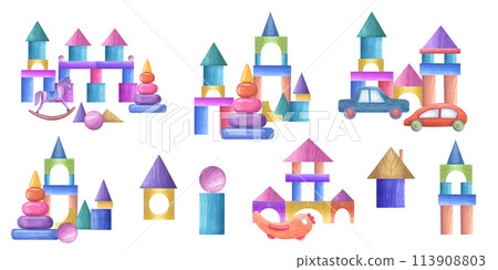 Set of wooden toys made from building bricks. Tangram geometric shapes. Towers, transports and animals. Multicolored kid blocks. Watercolor illustration for the design of baby cards Set of wooden toys made from building bricks. Tangram geometric shapes. Towers, transports and animals. Multicolored kid blocks. Watercolor illustration for the design of baby cards 113908803