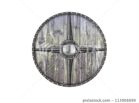 Old wooden round shield isolated on white background 113908899