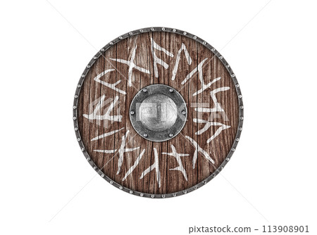 Old wooden round shield decorated with runes isolated on white background 113908901