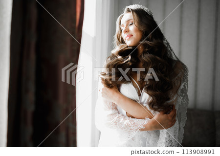 Beautiful bride wearing fashion wedding dress with feathers with luxury delight make-up and hairstyle, studio indoor photo shoot 113908991