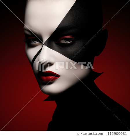 beautiful girl with red lips and black background 113909081