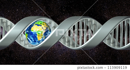Earth inside DNA spiral in the space. DNA molecule research, concept. 3D rendering Earth inside DNA spiral in the space. DNA molecule research, concept. 3D rendering 113909119
