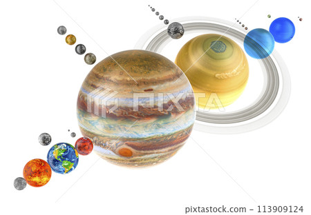 All Planets of Solar system with satellites. 3D rendering All Planets of Solar system with satellites. 3D rendering 113909124