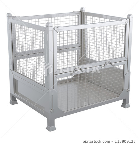 Collapsible wire mesh pallet. Collapsible transportation box pallet, 3D rendering 113909125