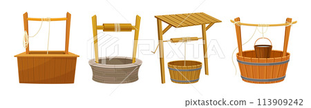 Water Well as Rustic Stone and Wood Structure Vector Set 113909242