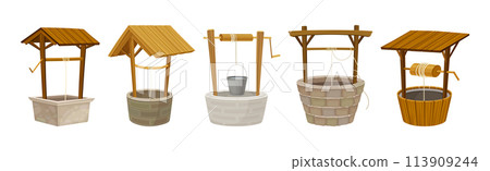 Water Well as Rustic Stone and Wood Structure Vector Set 113909244