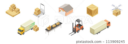 Warehouse and Storehouse with Cardboard Box Isometric Vector Set Warehouse and Storehouse with Cardboard Box Isometric Vector Set 113909245