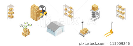 Warehouse and Storehouse with Cardboard Box Isometric Vector Set 113909246