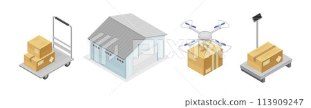 Warehouse and Storehouse with Cardboard Box Isometric Vector Set 113909247