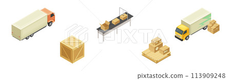 Warehouse and Storehouse with Cardboard Box Isometric Vector Set 113909248