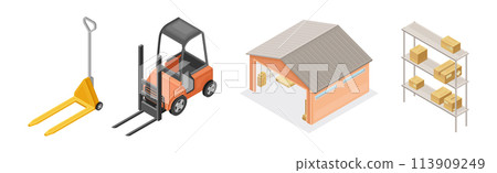 Warehouse and Storehouse with Cardboard Box Isometric Vector Set Warehouse and Storehouse with Cardboard Box Isometric Vector Set 113909249