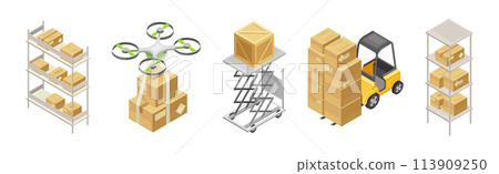 Warehouse and Storehouse with Cardboard Box Isometric Vector Set Warehouse and Storehouse with Cardboard Box Isometric Vector Set 113909250