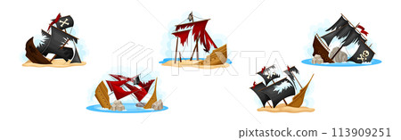 Pirate Shipwreck with Wooden Deck and Sail Vector Set 113909251