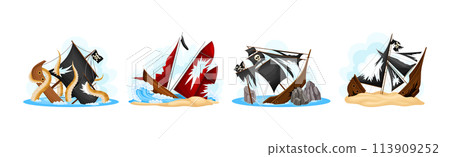 Pirate Shipwreck with Wooden Deck and Sail Vector Set Pirate Shipwreck with Wooden Deck and Sail Vector Set 113909252
