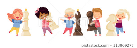 Children Playing Chess Game with Pieces Vector Set 113909275