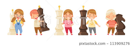 Children Playing Chess Game with Pieces Vector Set 113909276