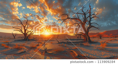dead trees in a dried out oasis in the desert against the backdrop of the rising sun 113909284