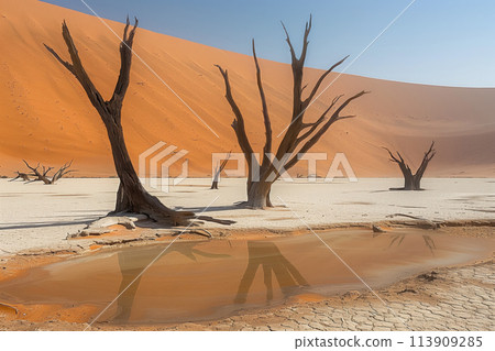 dried up dead swamp with dry trees in the desert in the middle of sand dunes 113909285