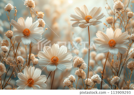 beautiful white flowers on the meadow in vintage color tone 113909293