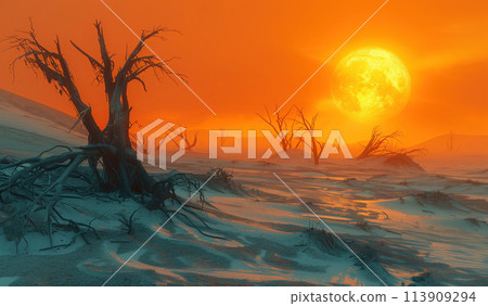 desert with dead trees against a dramatic red sky 113909294