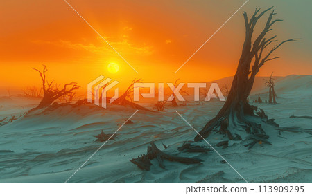 desert with dead trees against a dramatic red moon rise 113909295