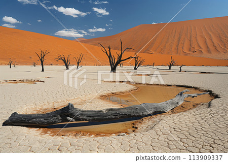 dead trees in a desert claypan against the backdrop of sand dunes 113909337