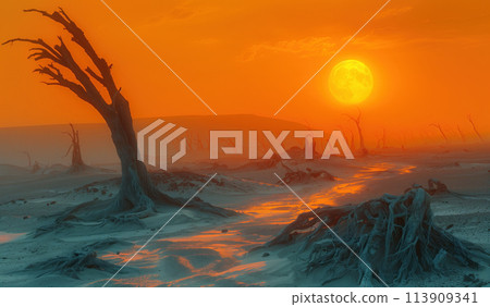 desert with dead trees at night against a dramatic red rising moon 113909341