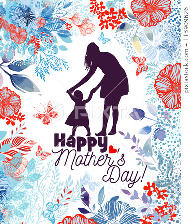 Mom and baby silhouette with flowers. Happy Mothers Day Greeting Card. Not AI. Vector illustration 113909626