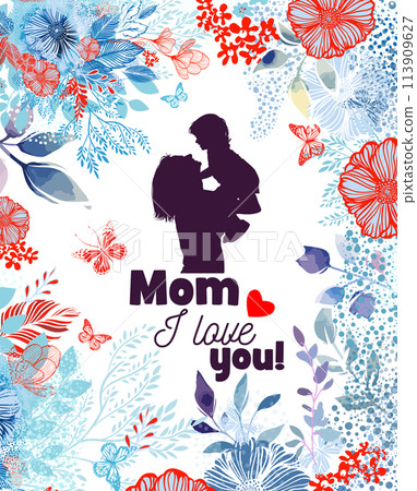 Mom and baby silhouette with flowers. Happy Mothers Day Greeting Card. Not AI. Vector illustration 113909627
