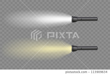 Flashlight on a transparent background. Shine lighting torch. Vector 113909634