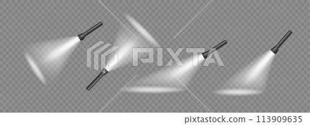 Flashlight, light bulb, spotlight, advertisement. Lantern silhouette on a transparent background. Vector 113909635