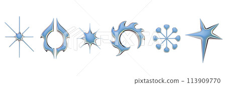 3D chrome y2k star set, metal retro futuristic space icon, mercury brutalist shape glossy effect. 3D chrome y2k star set, metal retro futuristic space icon, mercury brutalist shape glossy effect. 113909770