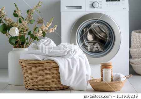 Basket full of white dirty towels for washing on blurred background of washing machine in bathroom. Concept allergy and chore. Close up. 113910239