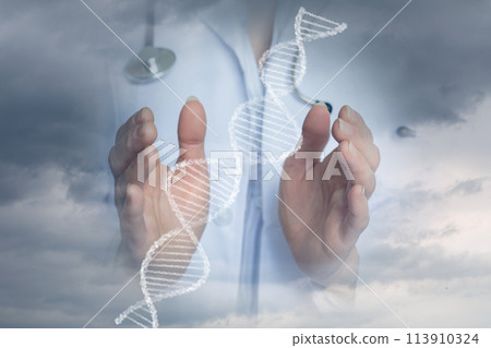 Doctor hands show DNA molecules. Doctor hands show DNA molecules. 113910324