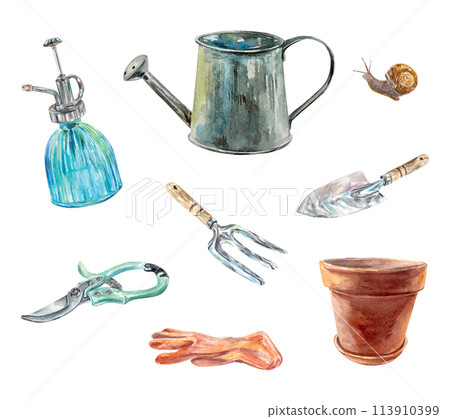 Gardening tools watercolor. Watering can, shovel, glove, sprayer, snail. Vector illustration for birthday cards, invitations, banners, posters, labels Gardening tools watercolor. Watering can, shovel, glove, sprayer, snail. Vector illustration for birthday cards, invitations, banners, posters, labels 113910399
