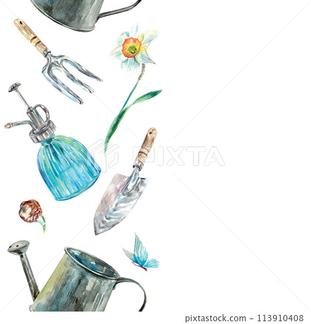 Garden tools, seamless border. Watering can, sprayer, daffodil, butterfly, bulb. Watercolor. Hand drawn vector illustration. Wrapping paper, textile. 113910408