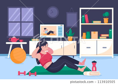 Hand drawn woman doing online sport classes 113910505