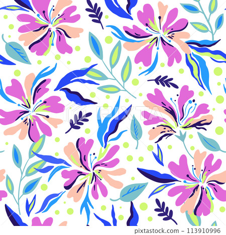 Seamless pattern with cute doodle floral elements. Hand drawn print for textile and design. Colorful vector illustration Seamless pattern with cute doodle floral elements. Hand drawn print for textile and design. Colorful vector illustration 113910996