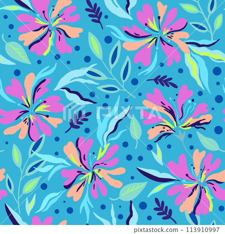 Seamless pattern with cute doodle floral elements. Hand drawn print for textile and design. Colorful vector illustration Seamless pattern with cute doodle floral elements. Hand drawn print for textile and design. Colorful vector illustration 113910997