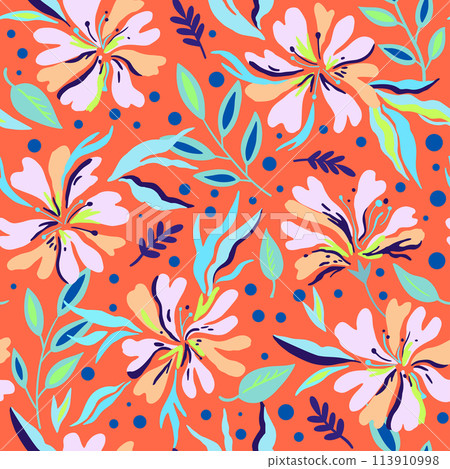 Seamless pattern with cute doodle floral elements. Hand drawn print for textile and design. Colorful vector illustration Seamless pattern with cute doodle floral elements. Hand drawn print for textile and design. Colorful vector illustration 113910998